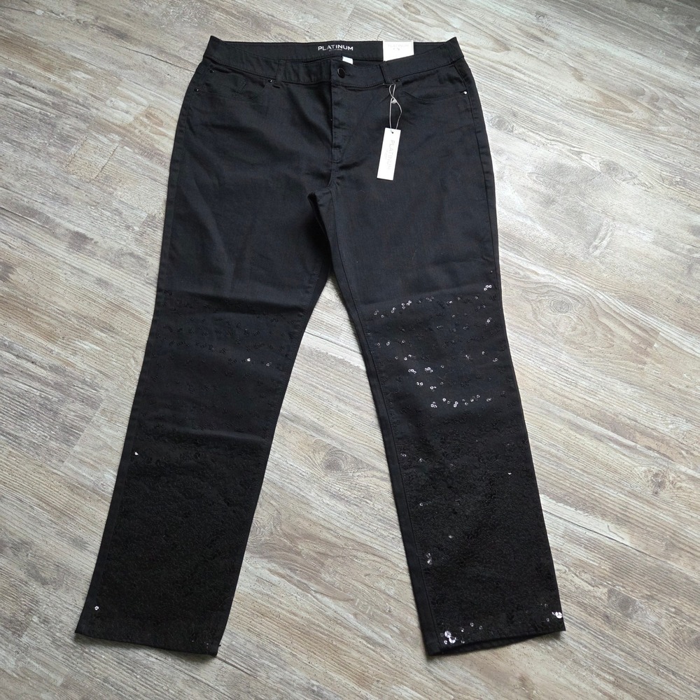 Chico's Platinum Sequin Twilight Slim Leg Jeans Women 3 Black Cotton Embellished